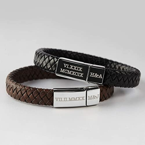 Bracelet Homme Cuir Gravé Chiffres Romains – Cadeau Personnalisé Fête des Pères