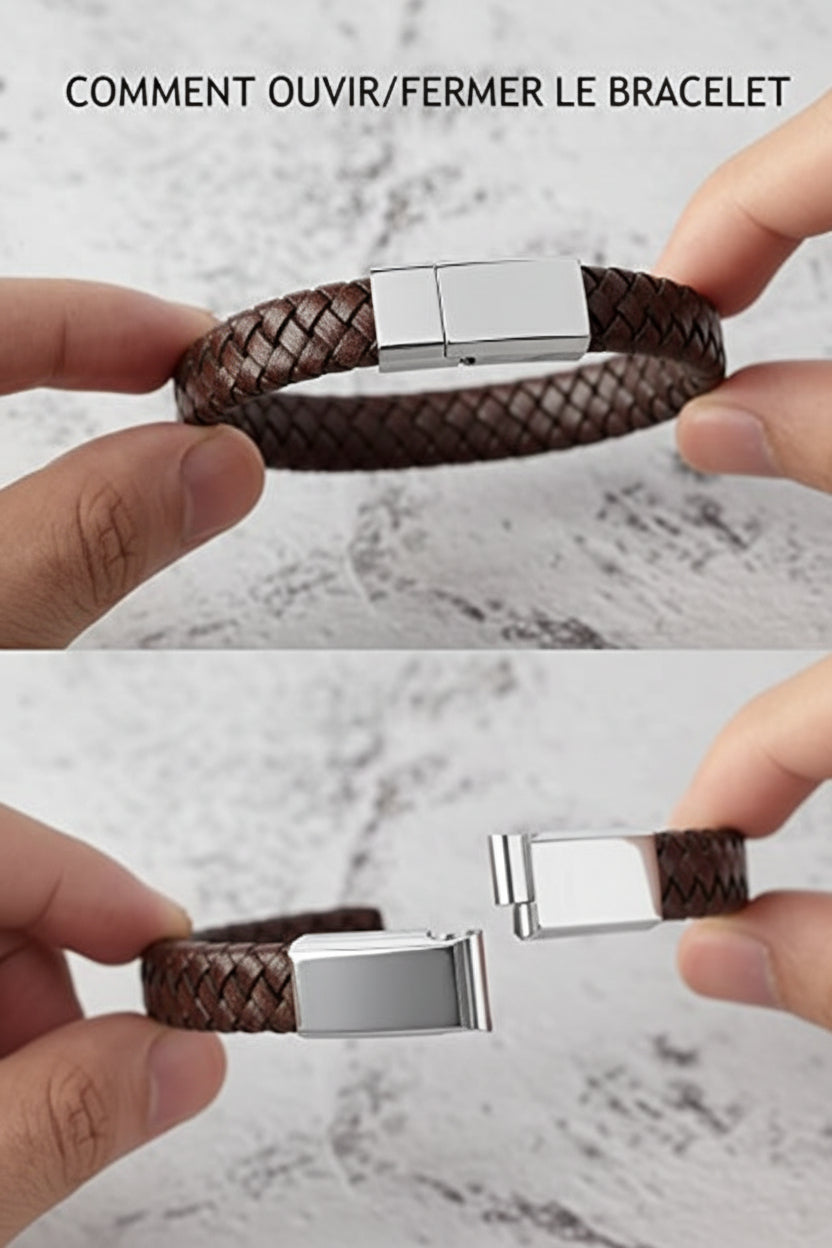 Bracelet Homme Cuir Gravé Chiffres Romains – Cadeau Personnalisé Fête des Pères