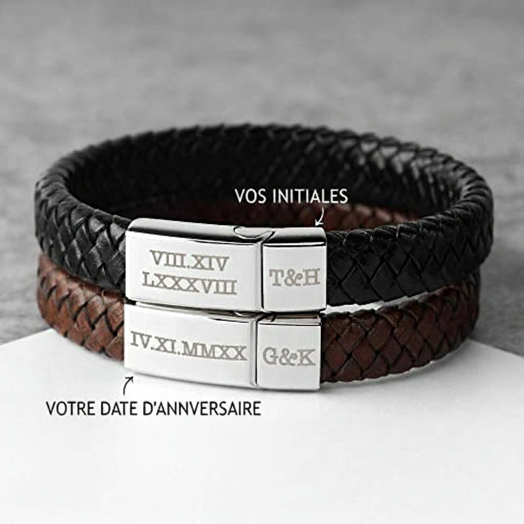 Bracelet Homme Cuir Gravé Chiffres Romains – Cadeau Personnalisé Fête des Pères