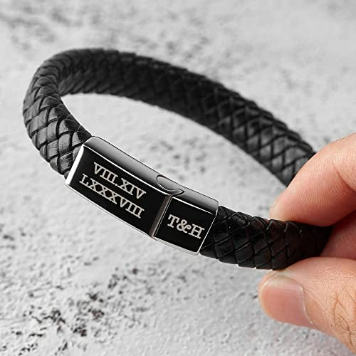 Bracelet Homme Cuir Gravé Chiffres Romains – Cadeau Personnalisé Fête des Pères