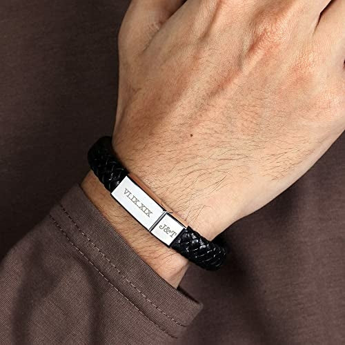 Bracelet Homme Cuir Gravé Chiffres Romains – Cadeau Personnalisé Fête des Pères