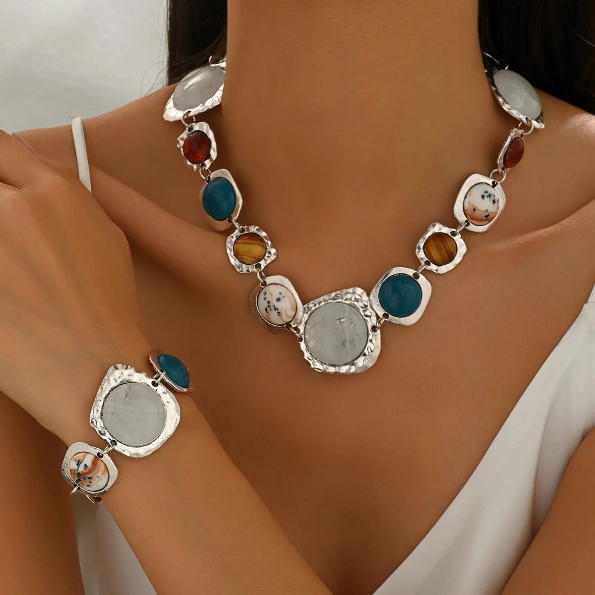 Ensemble Collier & Bracelet Bohème Géométrique — Alliage de zinc & résine