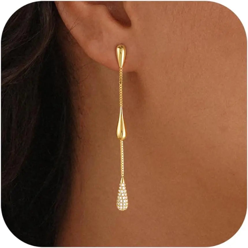 Boucles d'Oreilles Pendantes Plaquées Or 14 Carats | Zircon Cubique & Chaînes Délicates