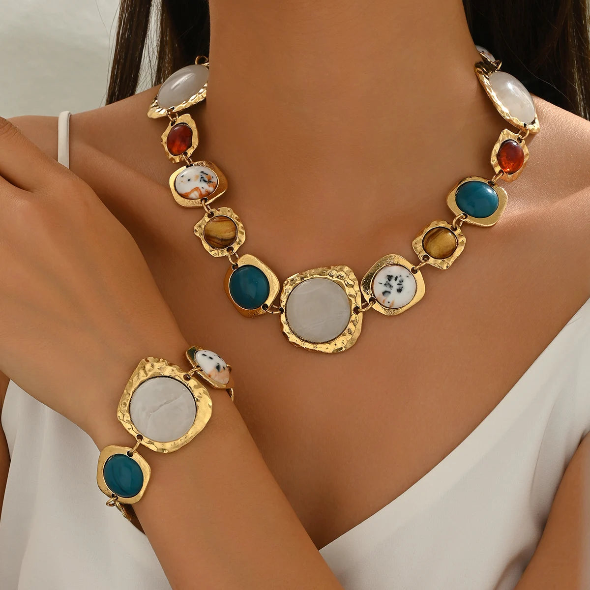 Ensemble Collier & Bracelet Bohème Géométrique — Alliage de zinc & résine