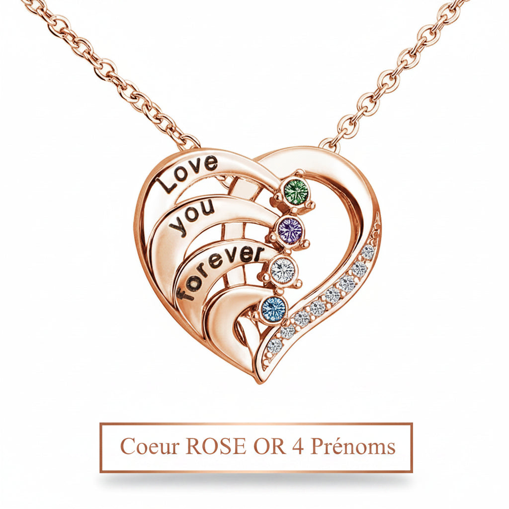 Collier Personnalisé Prénoms & Pierres de Naissance – Pendentif Cœur – Cadeau Unique - Cuivre