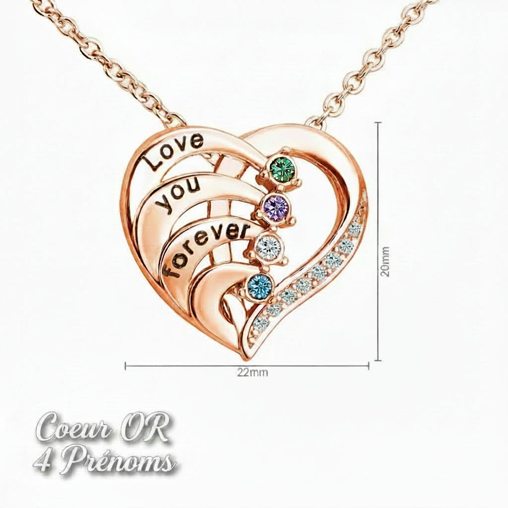Collier Personnalisé Prénoms & Pierres de Naissance – Pendentif Cœur – Cadeau Unique - Cuivre