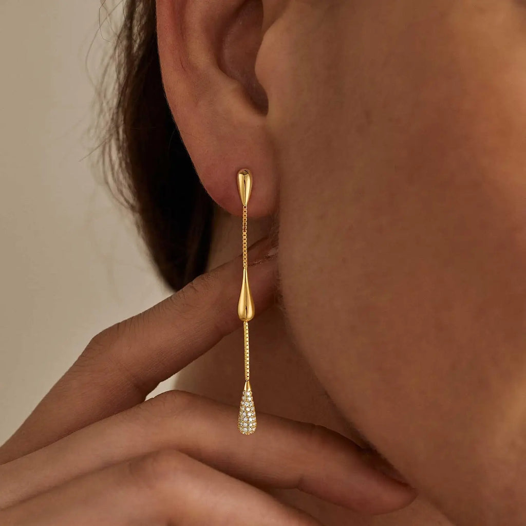 Boucles d'Oreilles Pendantes Plaquées Or 14 Carats | Zircon Cubique & Chaînes Délicates