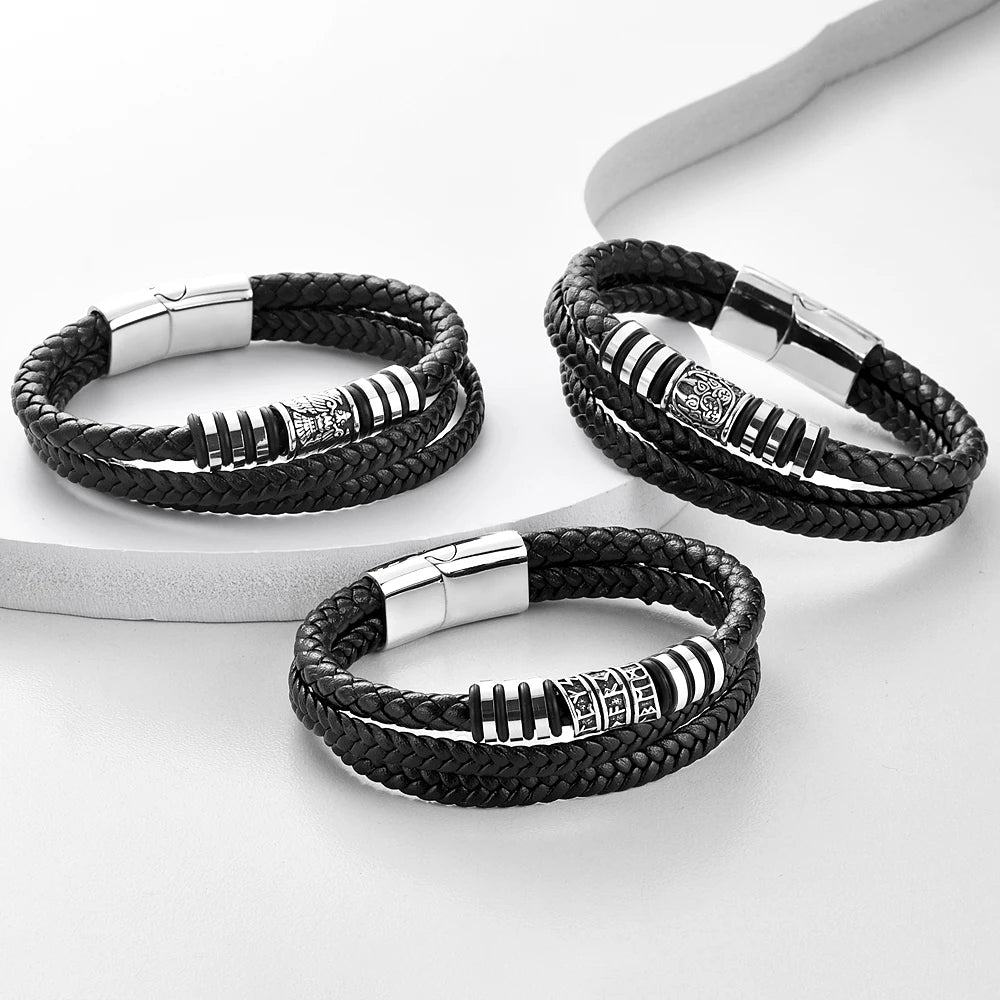 Bracelet Homme cuir tressé & acier inoxydable
