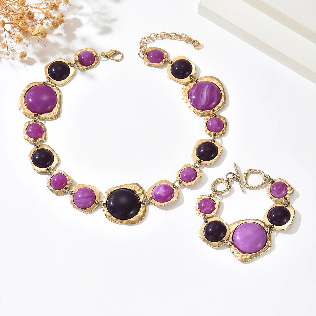 Ensemble Collier & Bracelet Bohème Géométrique — Alliage de zinc & résine