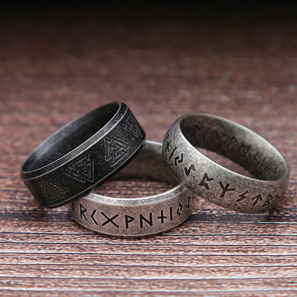 Bague Anneau Runique Viking — Acier Inoxydable | Finition Pierre Antique