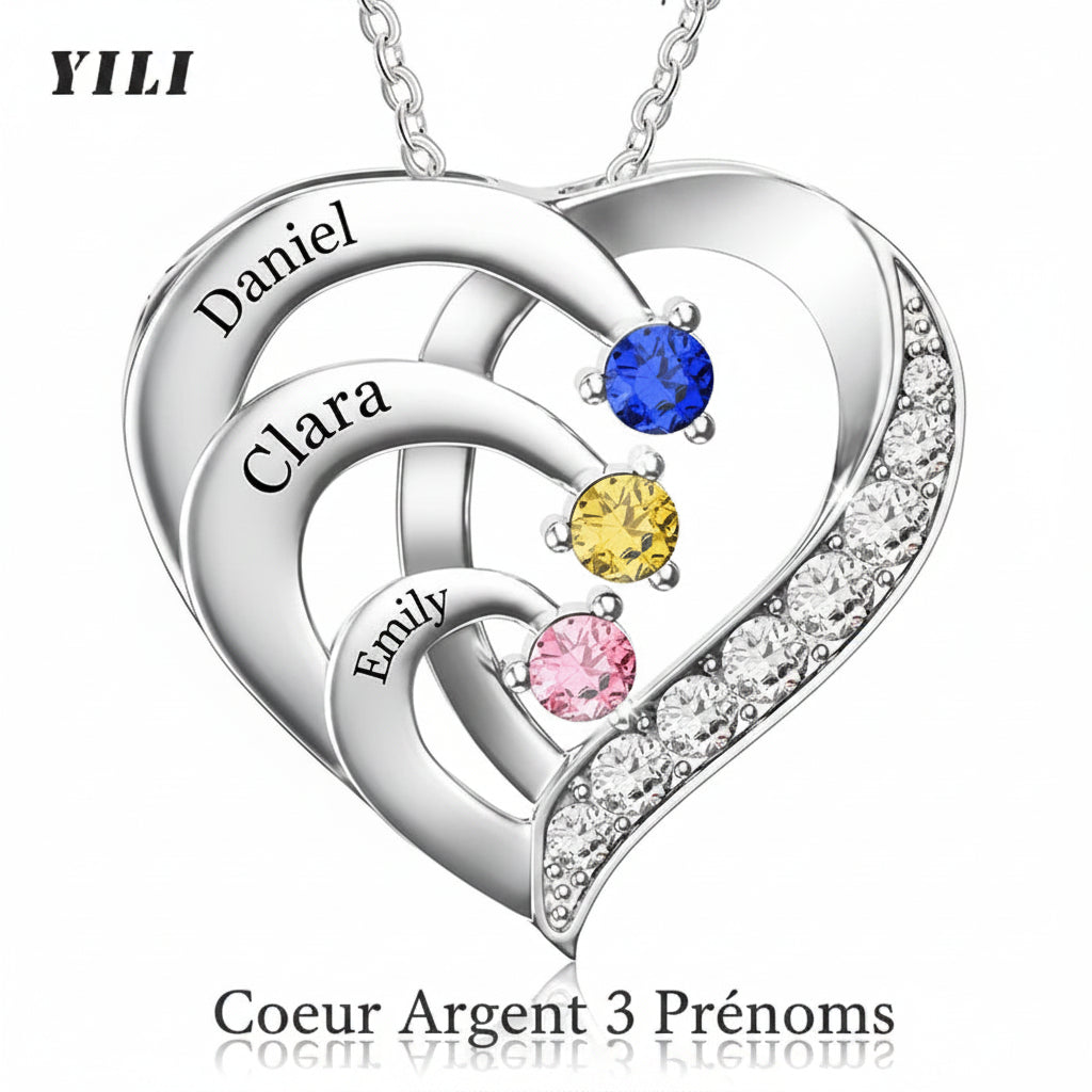 Collier Personnalisé Prénoms & Pierres de Naissance – Pendentif Cœur – Cadeau Unique - Cuivre