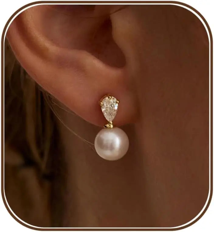 Boucles d'Oreilles Pendantes Perle & Zircon – Plaqué Or 14 Carats | Or & Argent