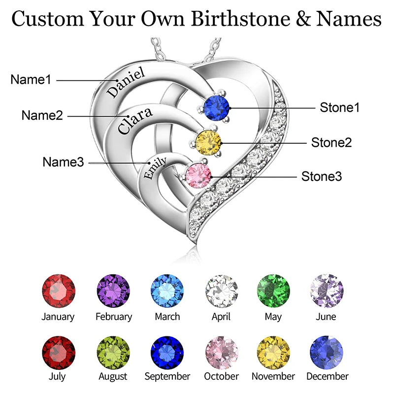 Collier Personnalisé Prénoms & Pierres de Naissance – Pendentif Cœur – Cadeau Unique - Cuivre