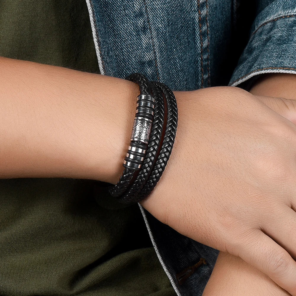 Bracelet Homme cuir tressé & acier inoxydable