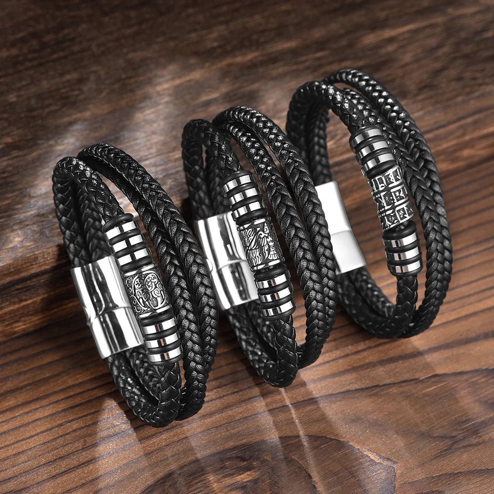 Bracelet Homme cuir tressé & acier inoxydable