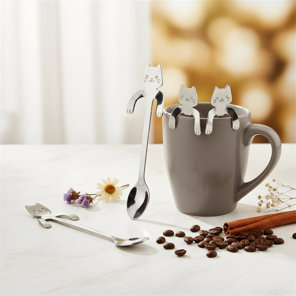 Cuillère à Café Chat Mignon — Acier Inoxydable | 4 Coloris