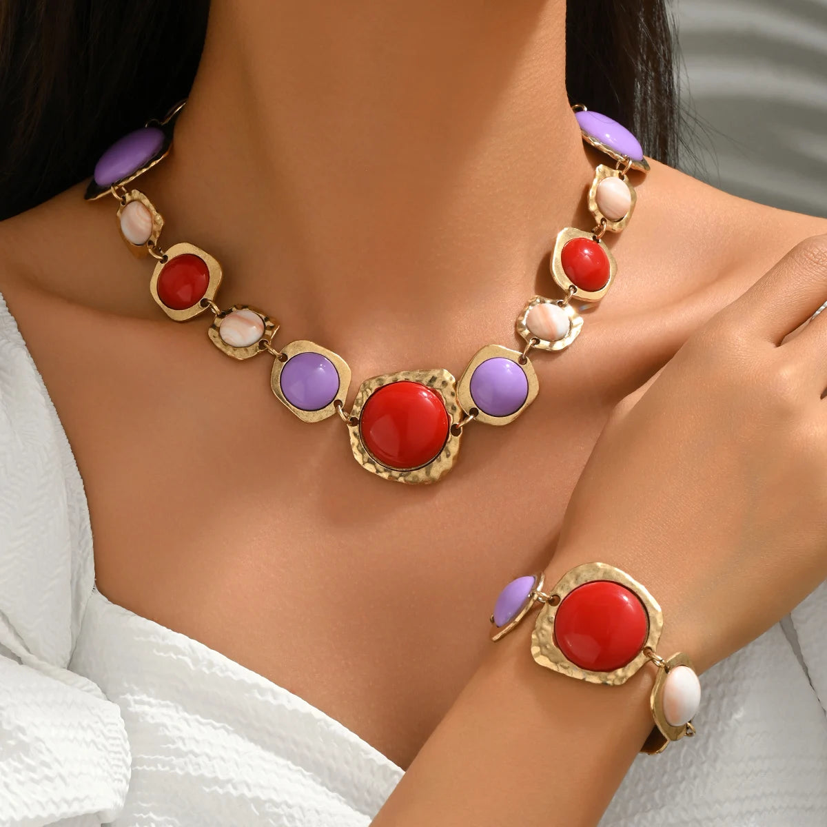 Ensemble Collier & Bracelet Bohème Géométrique — Alliage de zinc & résine