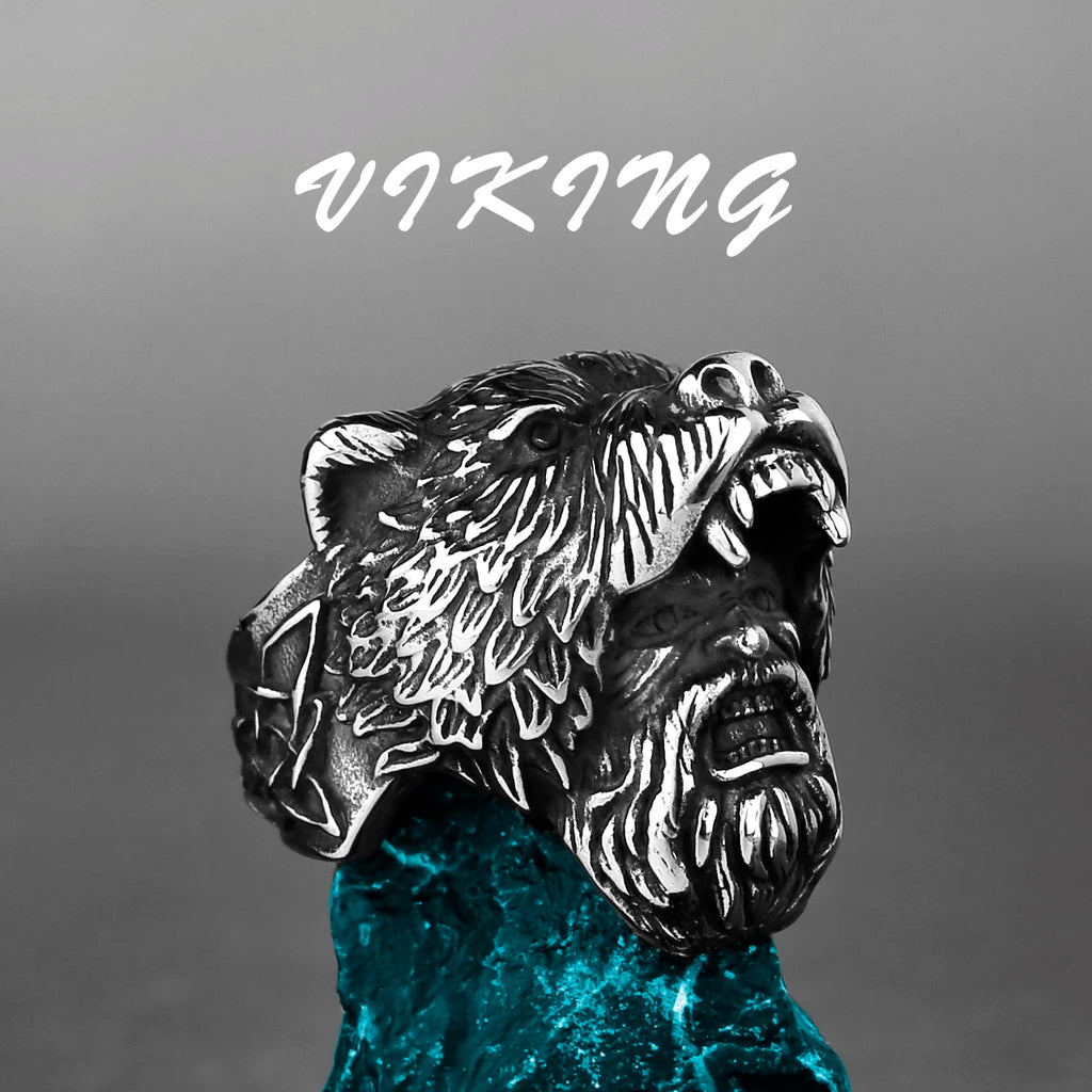 Bague Viking Tête d'Ours Berserker - Acier Inoxydable Gunmetal