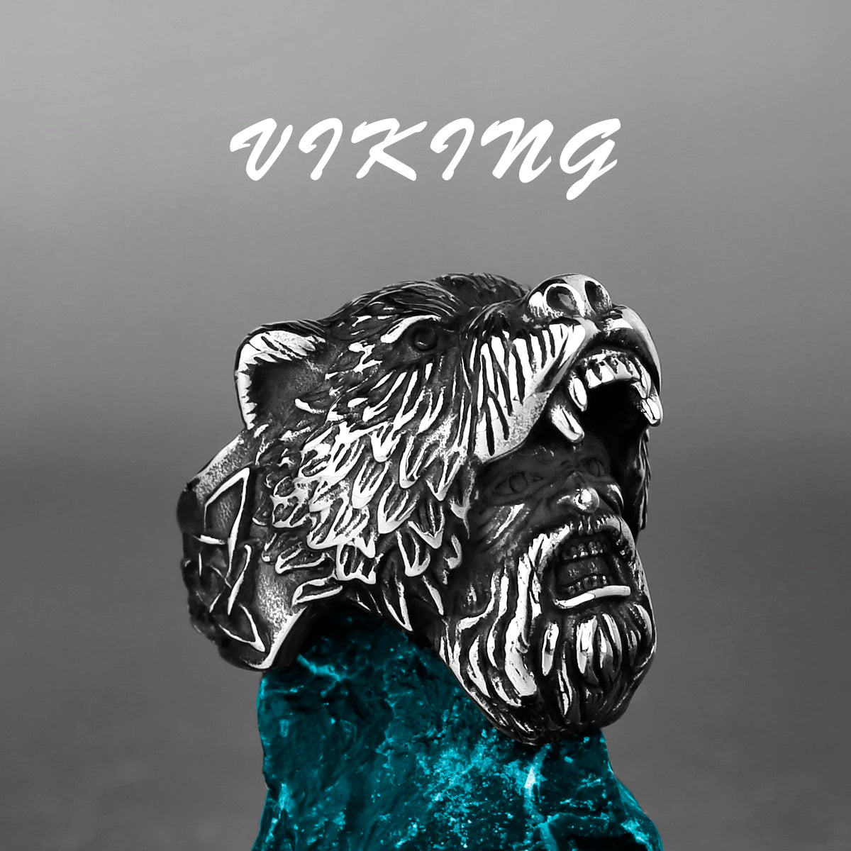 Bague Viking Tête d'Ours Berserker - Acier Inoxydable Gunmetal