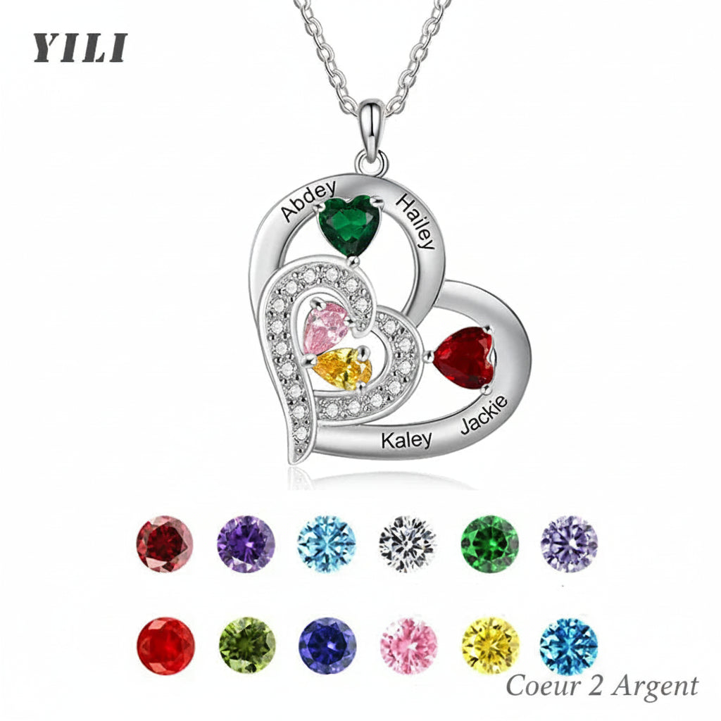 Collier Personnalisé Prénoms & Pierres de Naissance – Pendentif Cœur – Cadeau Unique - Cuivre