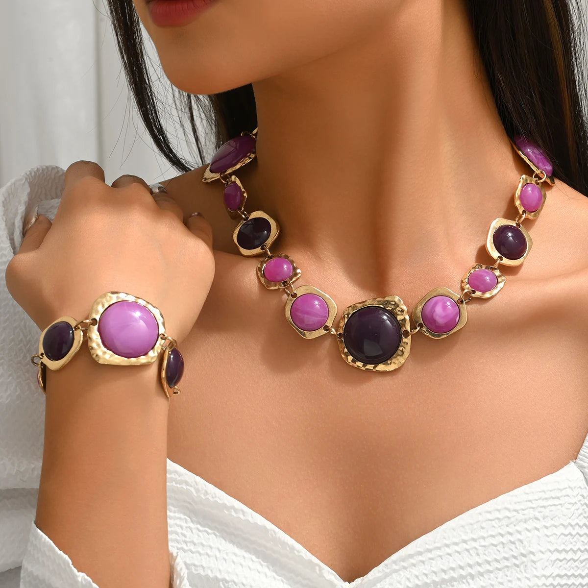 Ensemble Collier & Bracelet Bohème Géométrique — Alliage de zinc & résine