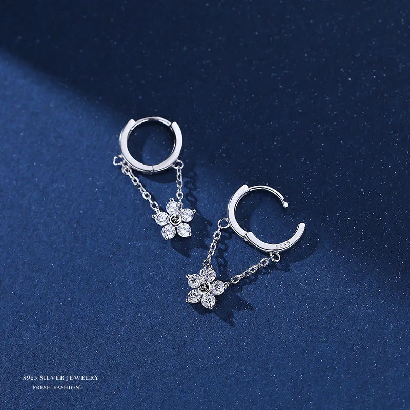 Boucles d'Oreilles Créoles Fleur & Chaîne – Zircon Cubique Or & Argent