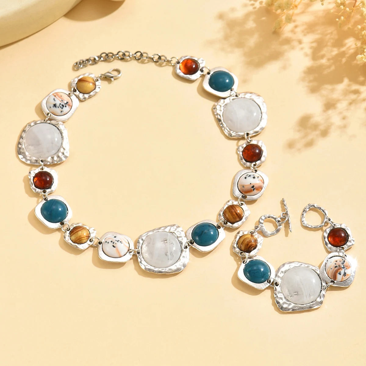 Ensemble Collier & Bracelet Bohème Géométrique — Alliage de zinc & résine