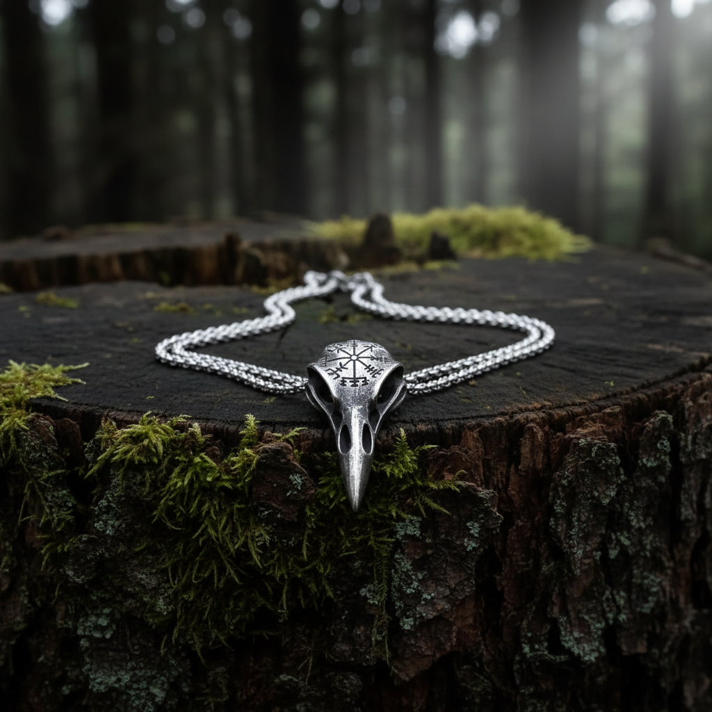 Collier Corbeau Vegvisir - posé sur souche
