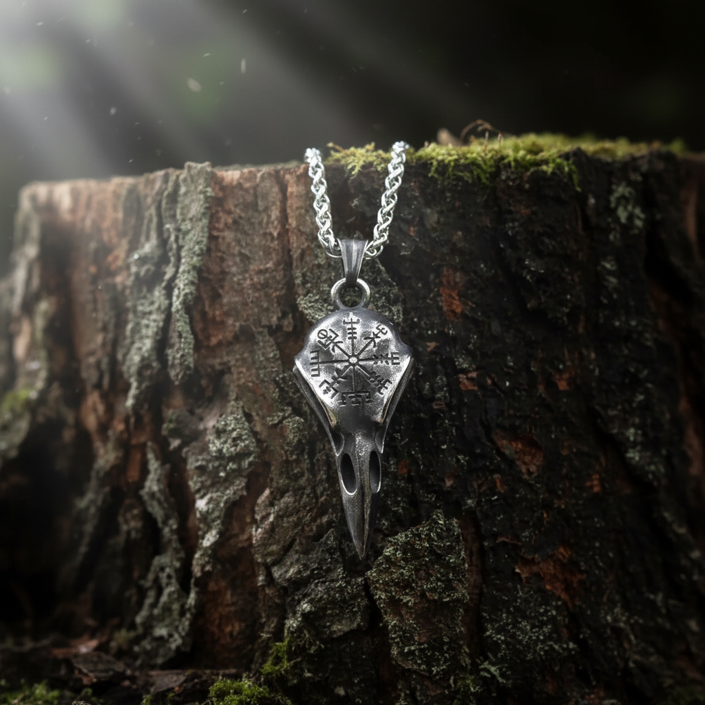 Collier Corbeau - vue face Vegvisir sur souche