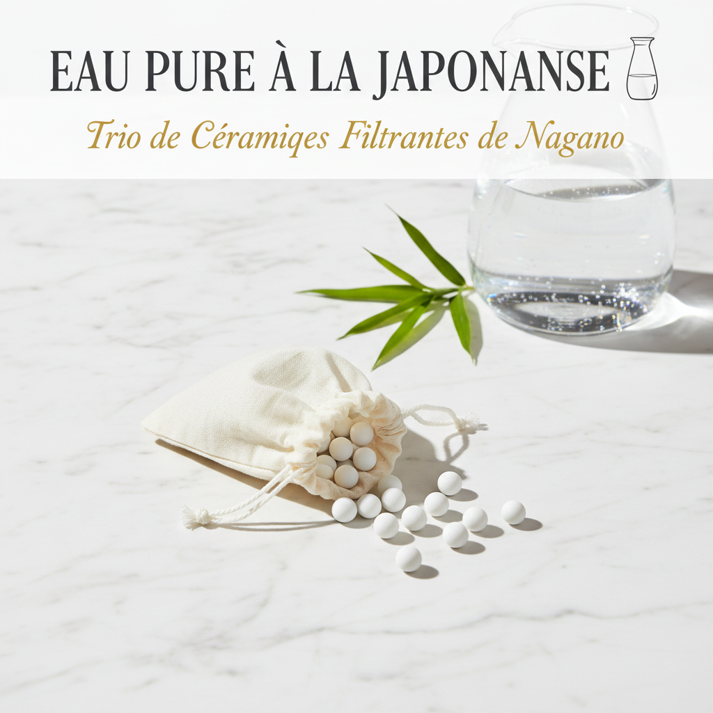 Trio de billes de céramiques filtrantes de Nagano dans une pochette coton avec carafe d'eau pure