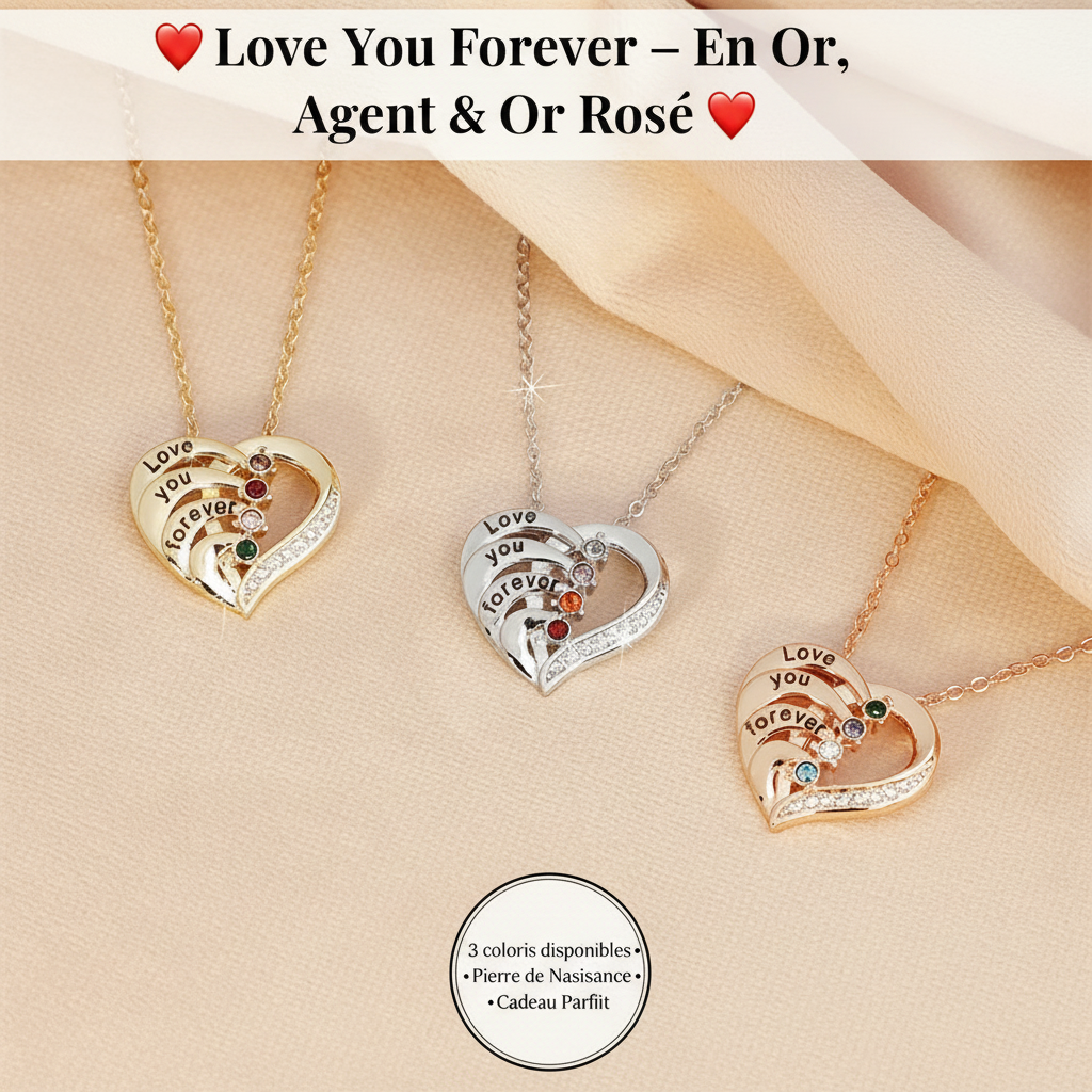 Love You Forever - 3 coloris disponibles - Pierre de Naissance - Cadeau Parfait - Collier personnalisé cœur