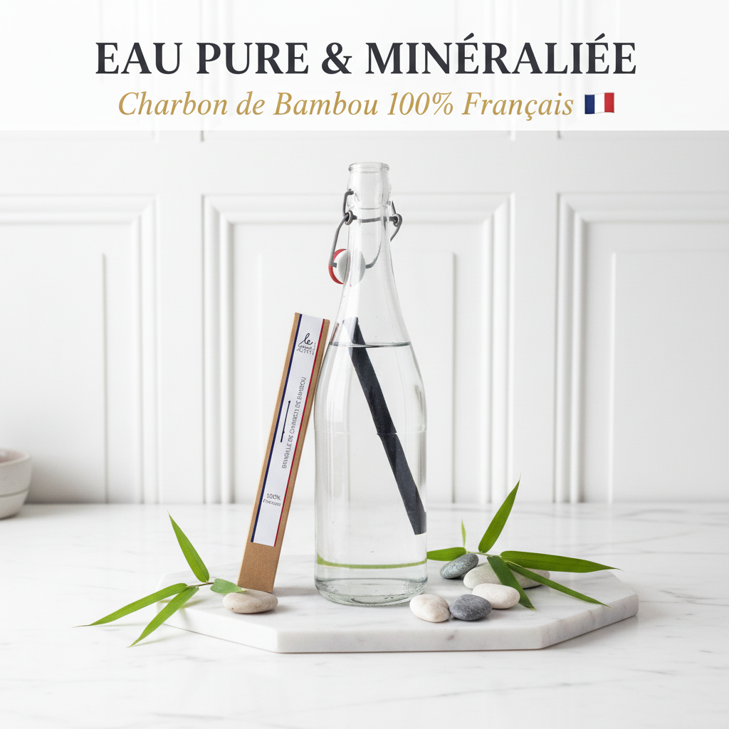 Brindilles de charbon de bambou français dans une carafe d'eau pure et minéralisée