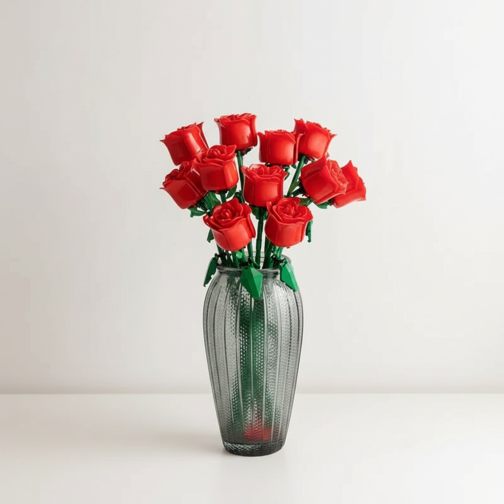 Bouquet de roses en briques dans un vase en verre sur fond blanc