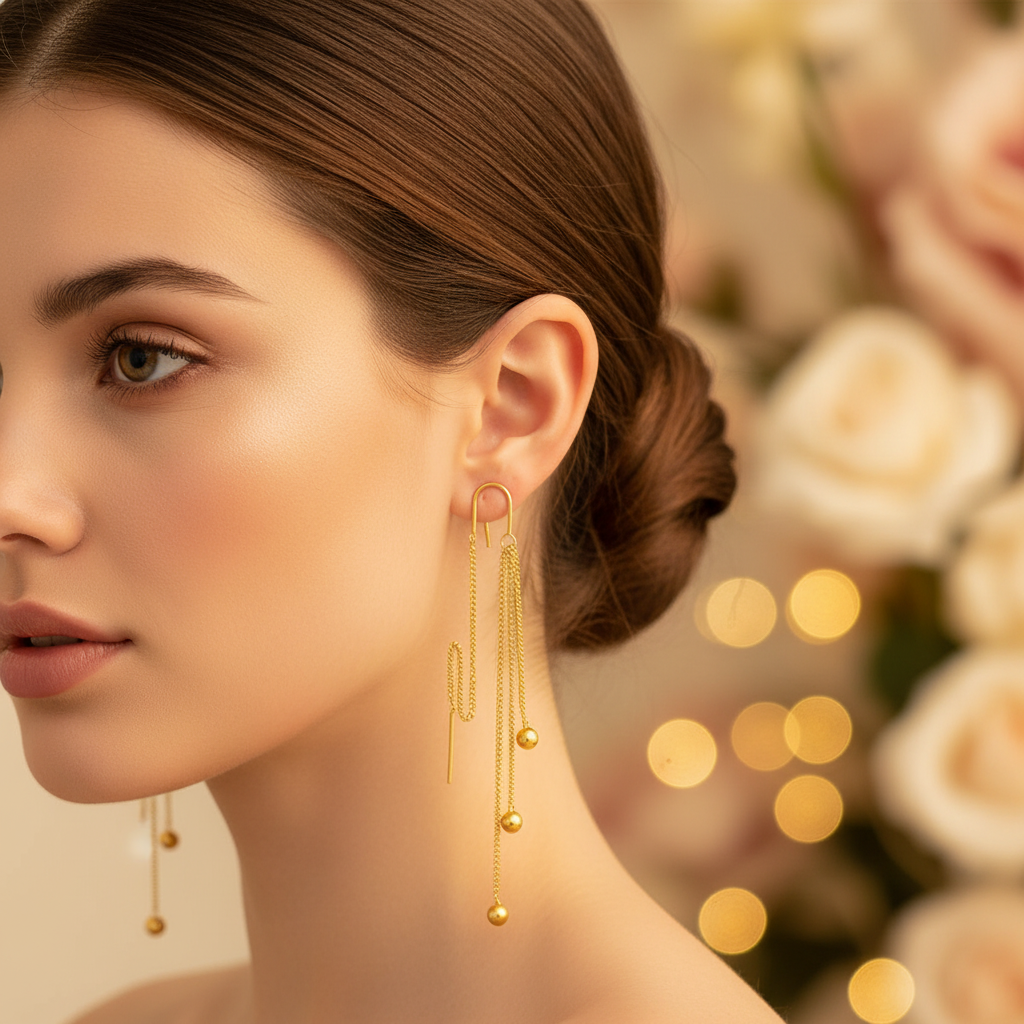 Boucles d'oreilles pendantes dorées portées - Lifestyle Fête des Mères