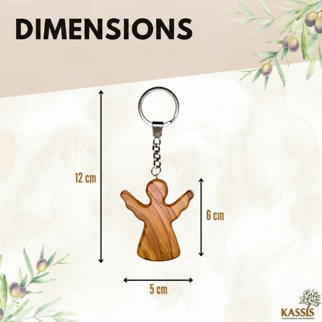 Dimensions de l'ange gardien en bois d'olivier : 12 cm hauteur totale, 6 cm corps, 5 cm largeur