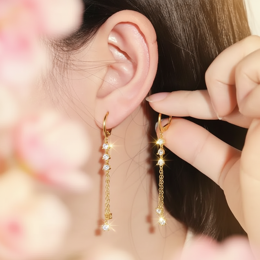 Boucles d'oreilles Moissanite Or portées - Ambiance romantique Fête des Mères