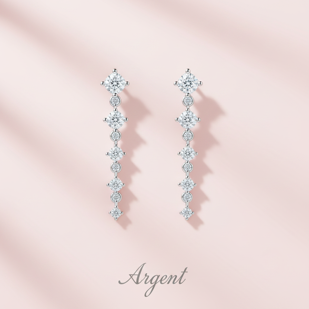 Boucles d'oreilles argent cascade zircons fond pastel