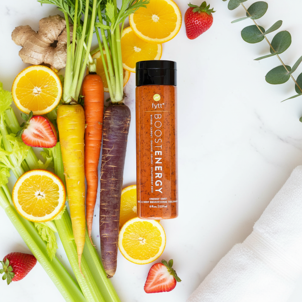 Boost Energy — Flat lay flacon sur marbre avec ingrédients frais
