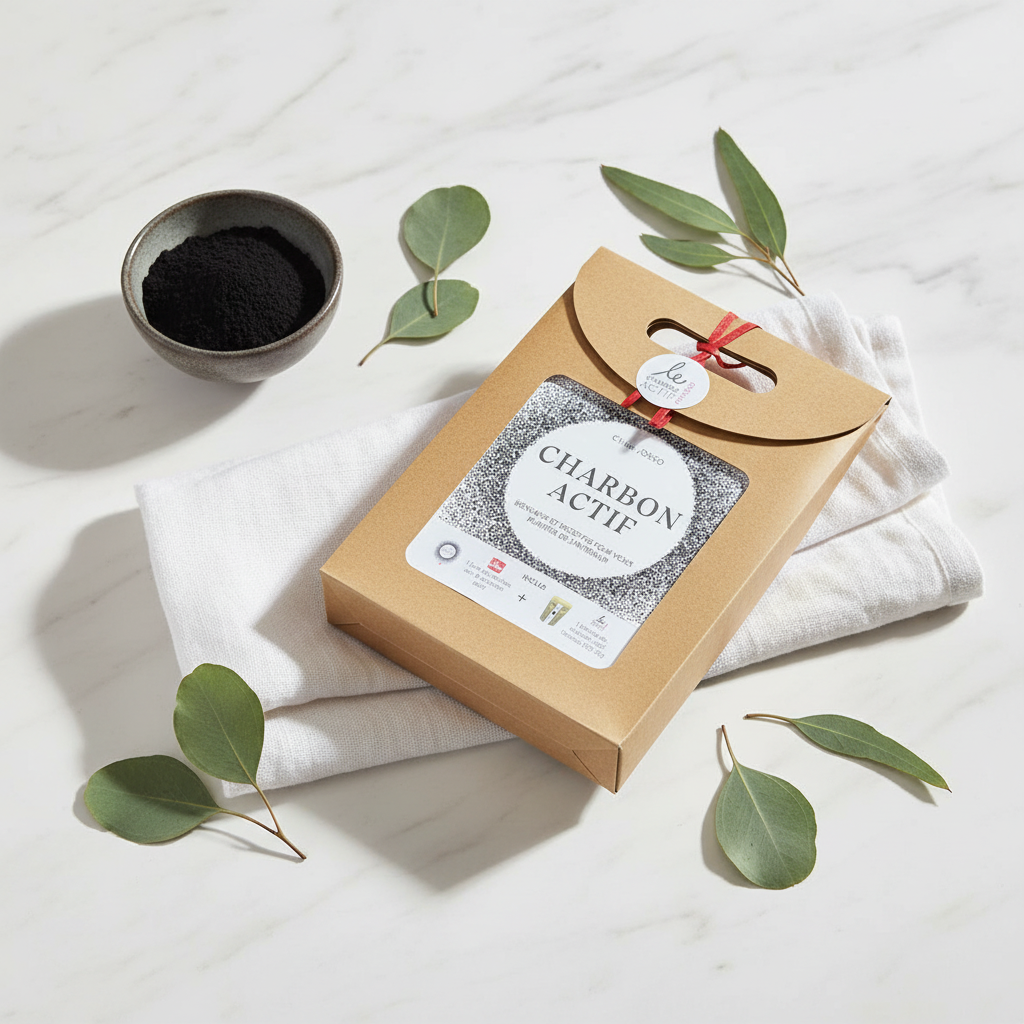 Coffret découverte charbon actif bio français - mise en scène lifestyle bien-être