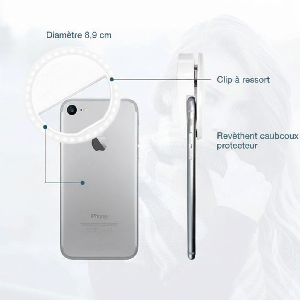 Anneau selfie LED à clipser - dimensions et caractéristiques en français