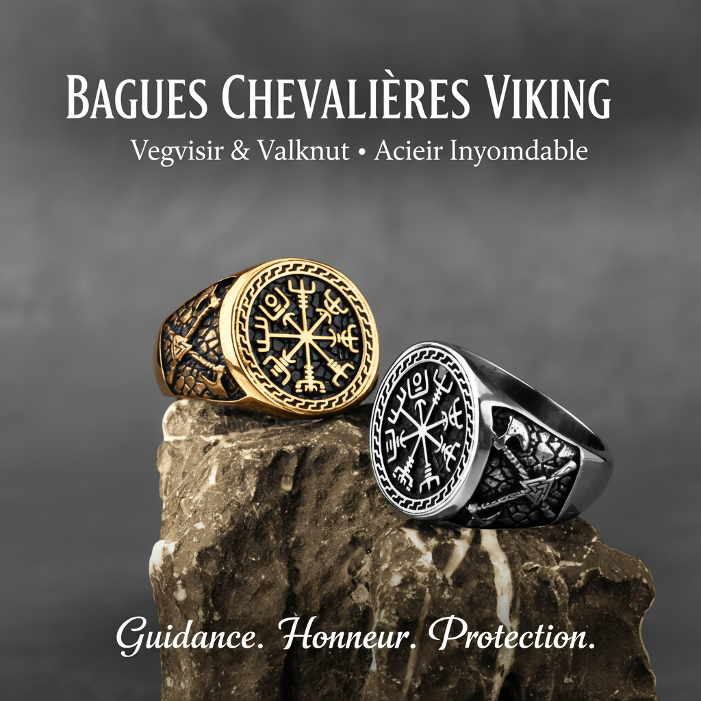Bague chevalière viking Vegvisir Valknut acier inoxydable bicolore