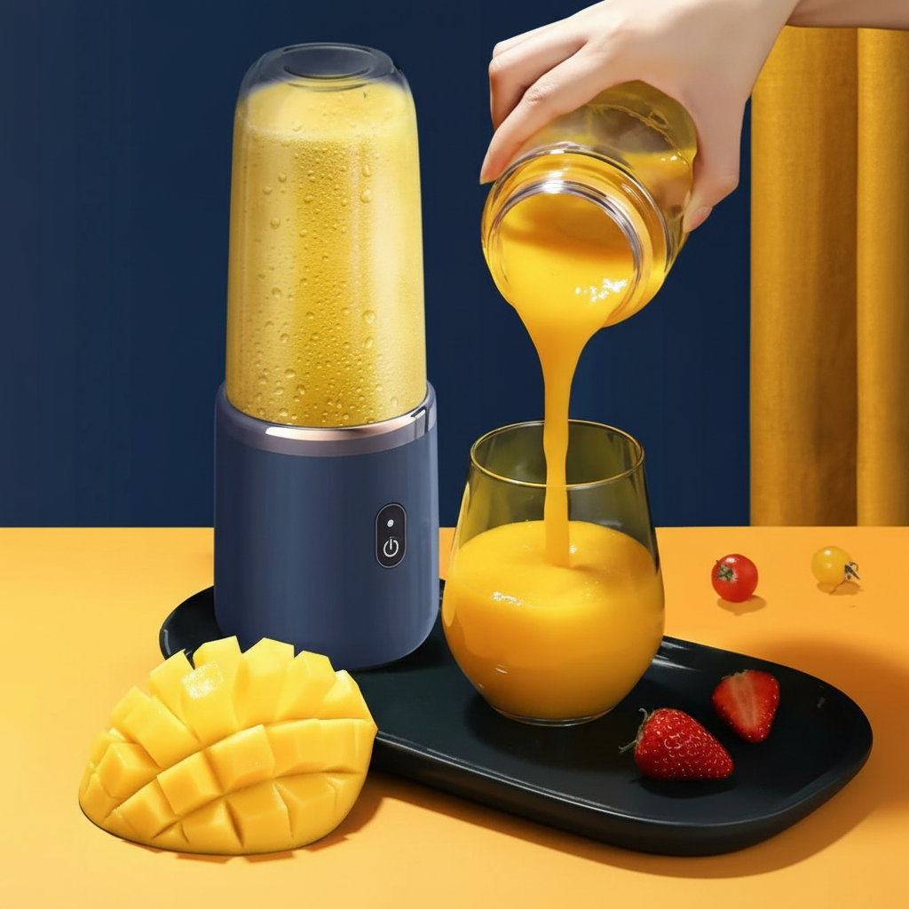 Main versant du jus de mangue frais depuis le gobelet du mixeur portable USB bleu dans un verre