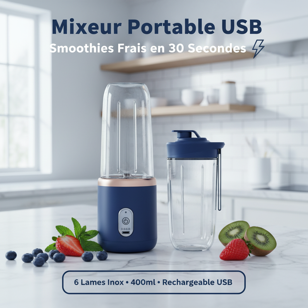 Mixeur portable USB bleu et gobelet sur plan de travail cuisine - smoothies frais 400ml rechargeable USB