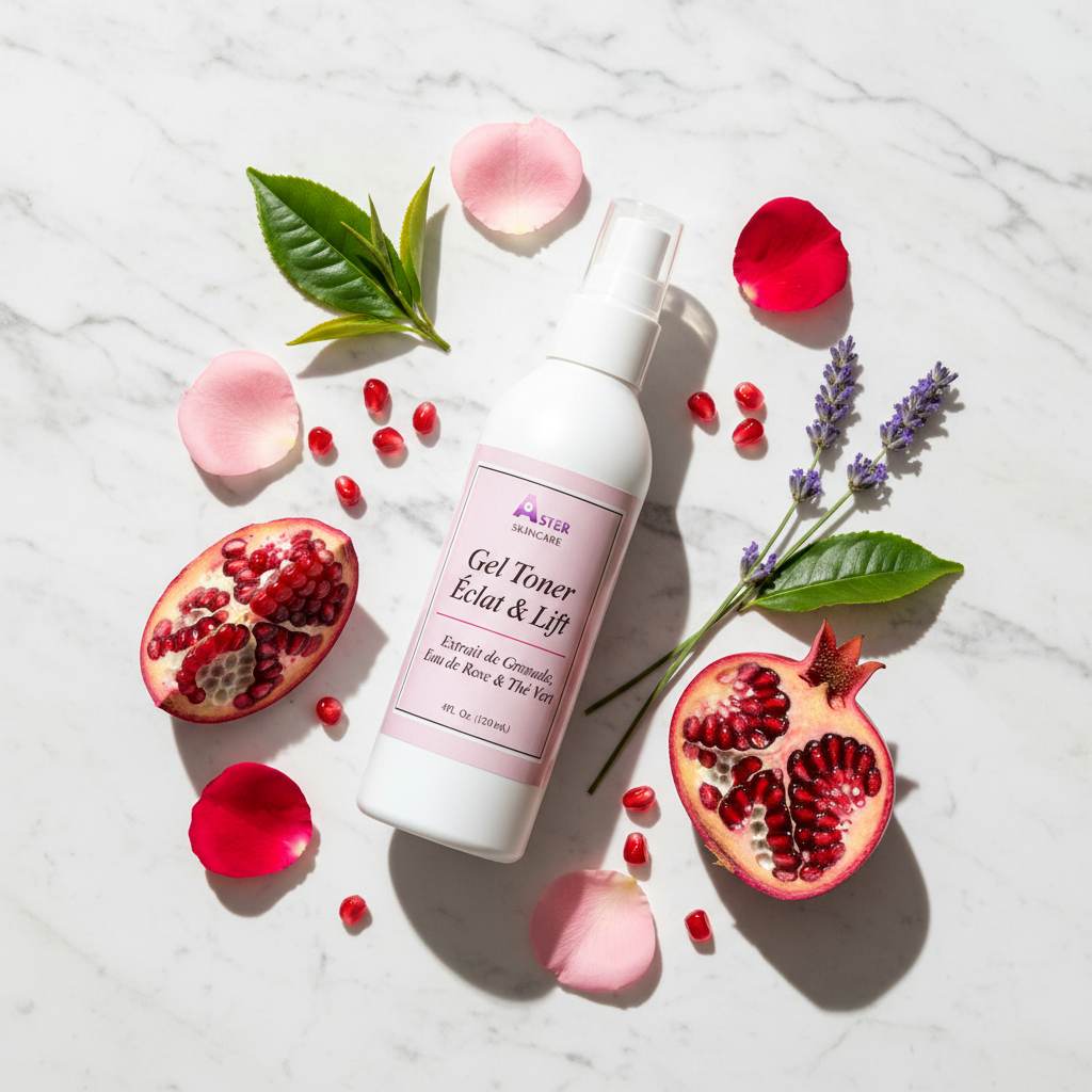 Gel Toner Floral - flat lay grenade rose thé vert
