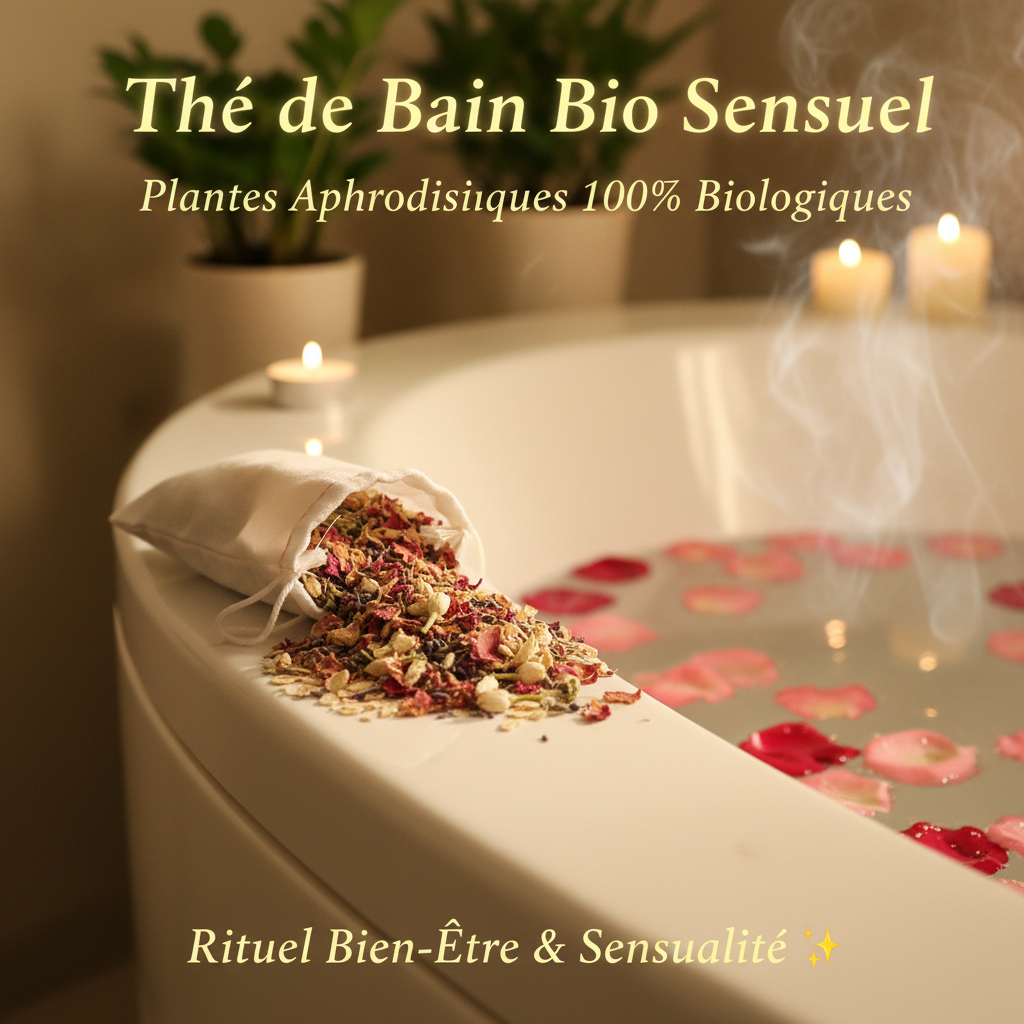 Sachet de thé de bain bio sensuel posé sur le bord d'une baignoire avec pétales de rose - rituel bien-être et sensualité