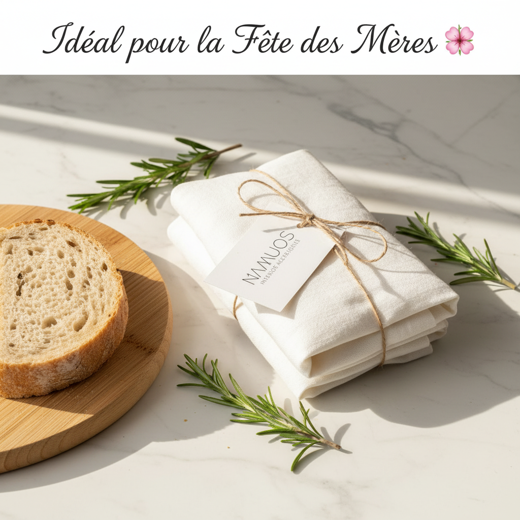 Sacs à pain en lin blanc cassé présentés en cadeau idéal pour la Fête des Mères