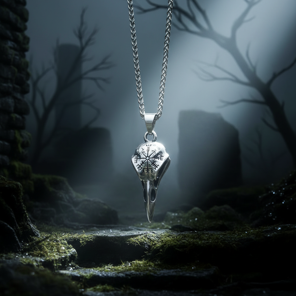 Collier pendentif crâne de corbeau Vegvisir finition acier