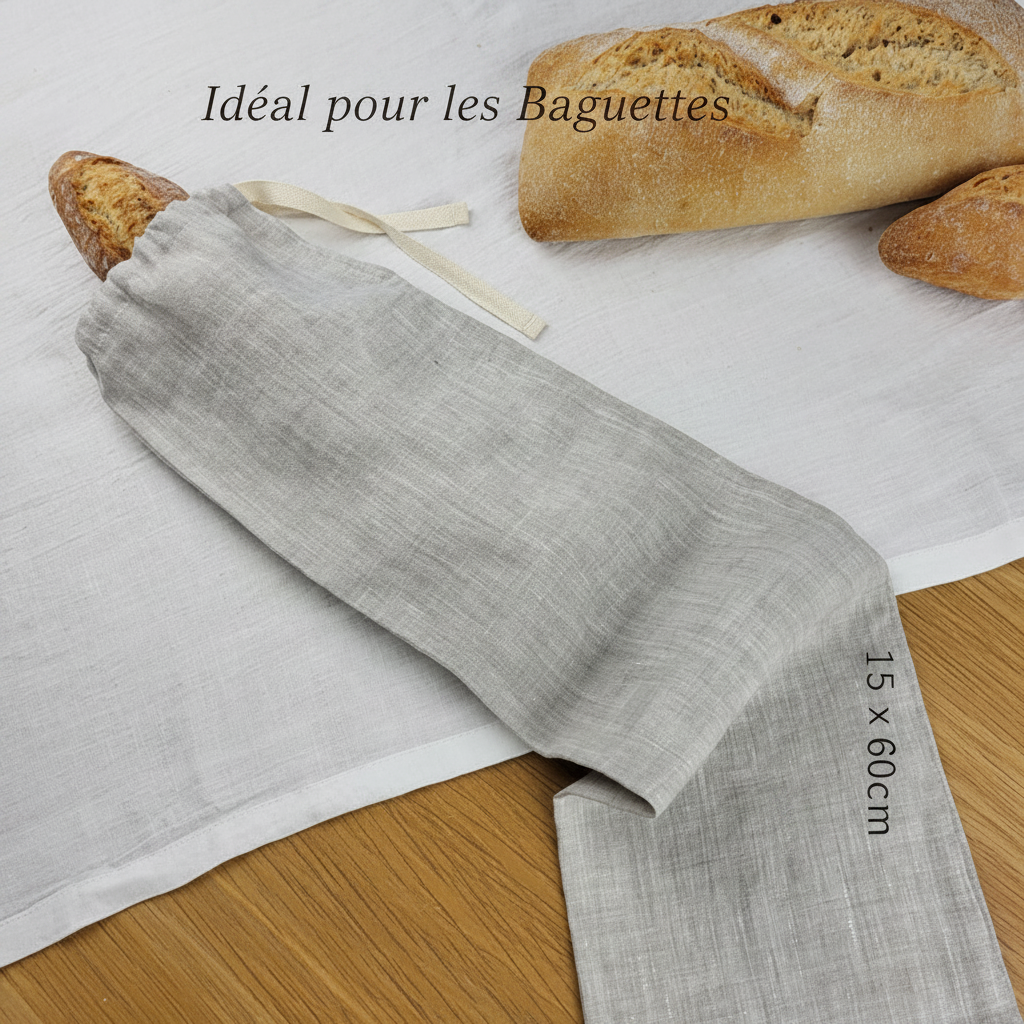 Sac à pain en lin naturel 15x60 cm idéal pour les baguettes