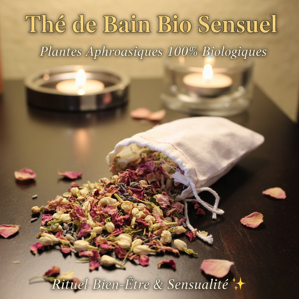 Thé de bain bio sensuel aux plantes aphrodisiaques - rose, jasmin, lavande - rituel bien-être et sensualité