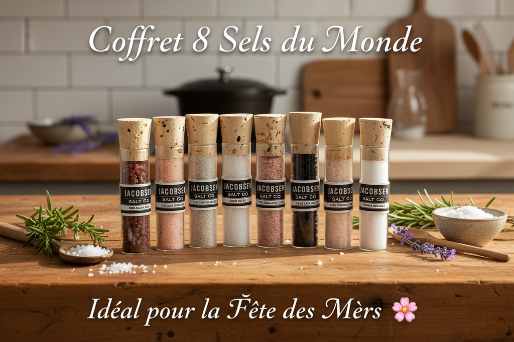 Coffret 8 fioles de sels rares du monde sur plan de travail en bois naturel, idéal cadeau Fête des Mères